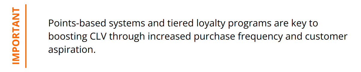 Important - Points-based systems and tiered loyalty programs are key to boosting CLV through increased purchase frequency and customer aspiration.