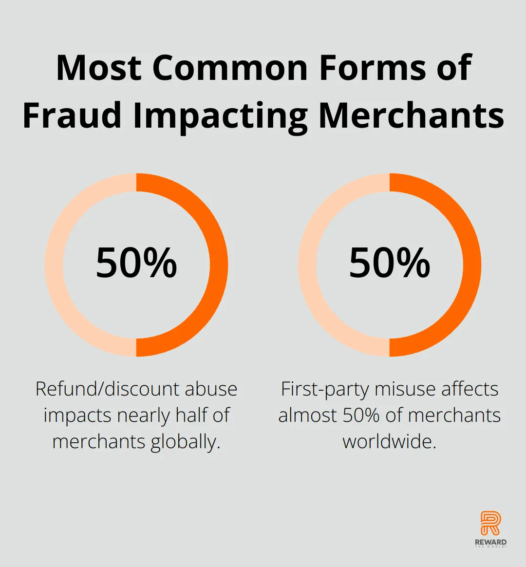 Percentage chart showing refund/discount abuse and first-party misuse each impacting nearly 50% of merchants globally