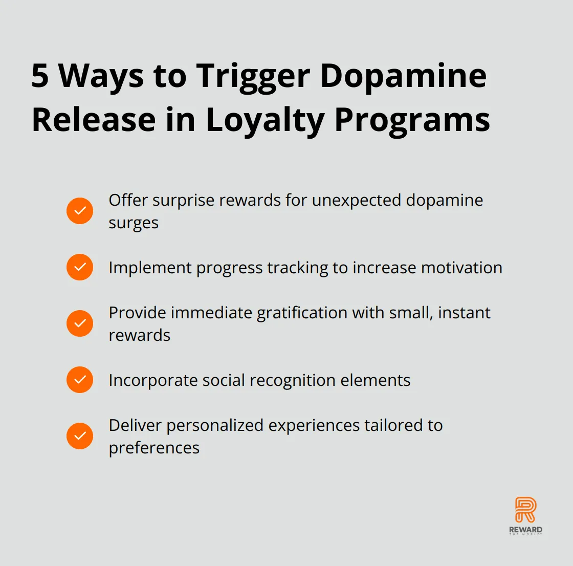 Checklist of 5 strategies to enhance loyalty programs: surprise rewards, progress tracking, immediate gratification, social recognition, and personalized experiences. - Neuro-Loyalty