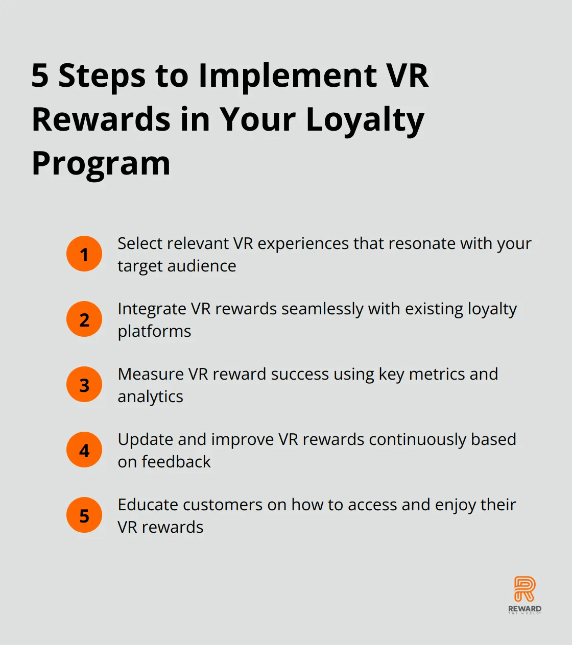 Ordered list of 5 steps to implement VR rewards: Select relevant experiences, integrate seamlessly, measure success, update continuously, and educate customers