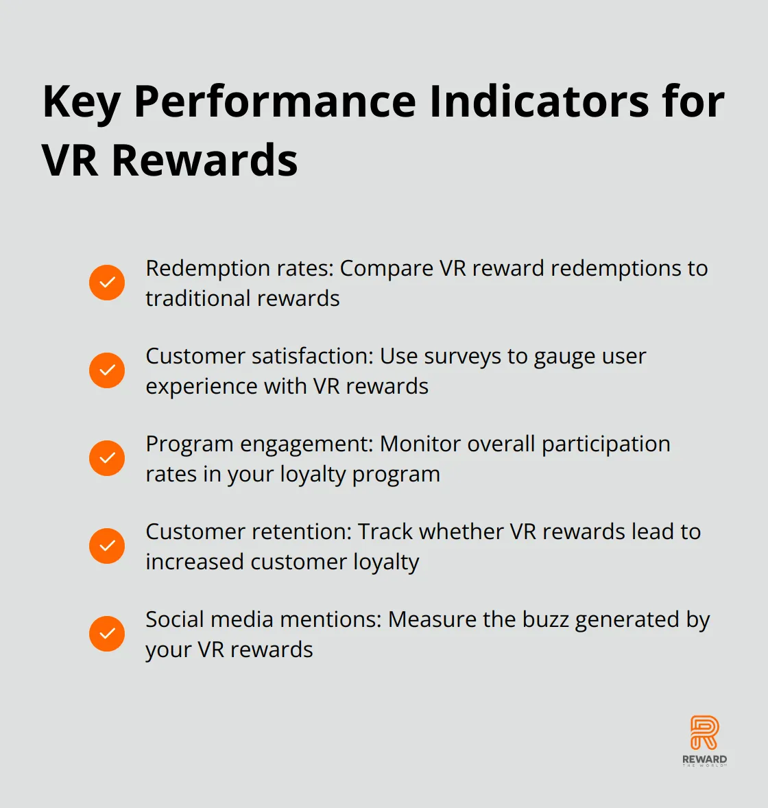 Checkmark list of 5 KPIs to track VR reward performance: Redemption rates, Customer satisfaction, Program engagement, Customer retention, and Social media mentions. - VR Experiences