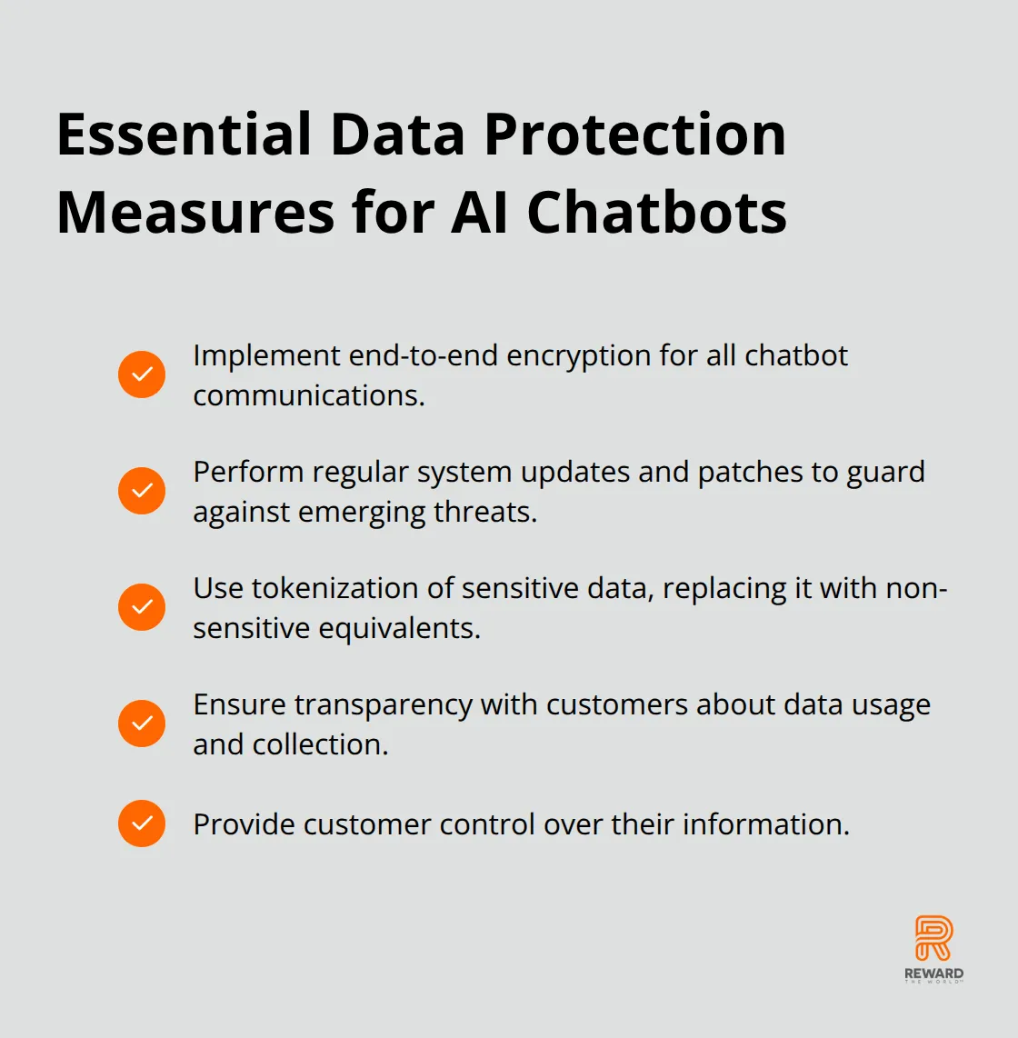 Checklist of data protection measures for AI chatbots including end-to-end encryption, regular updates, and tokenization